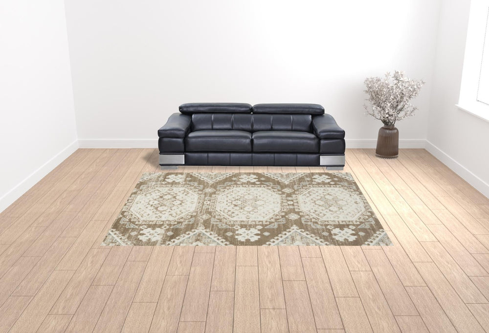 HomeRoots 9' Brown Geometric Distressed Area Rug - Modern Vintage Design for Living Rooms & Dining Areas 9' X 12' 553203