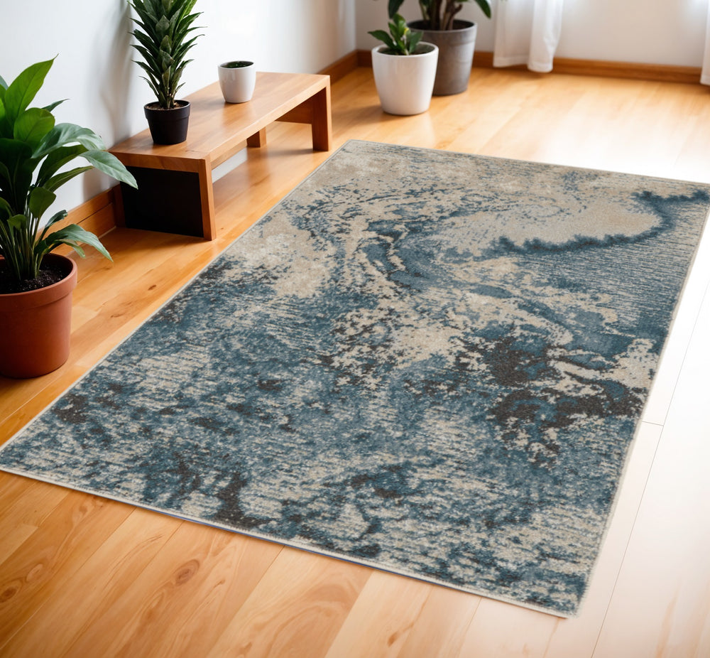 Homeroots 4' X 6' Ivory Teal Blue And Black Abstract Area Rug  Polyester 553216