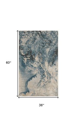Homeroots 3' X 5' Ivory Teal Blue And Black Abstract Area Rug  Polyester 553217
