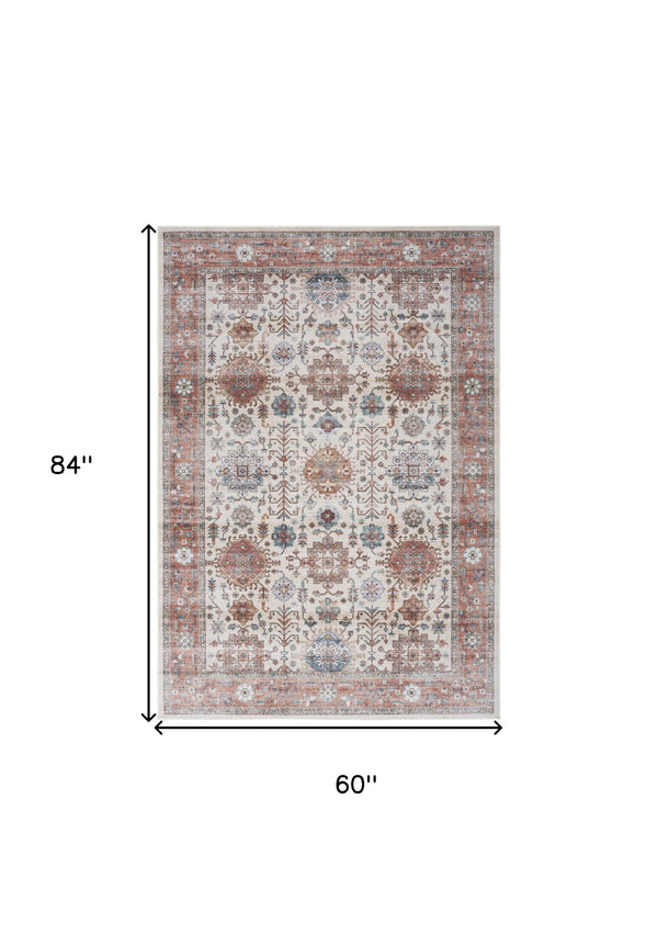 Homeroots 5' X 7' Beige And Orange Oriental Distressed Non Skid Area Rug  Polyester 553233