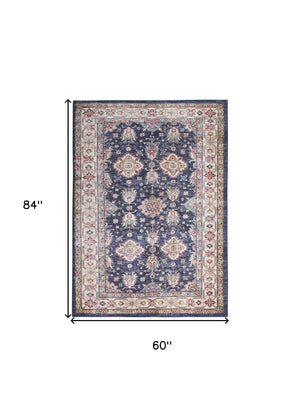 Homeroots 5' X 7' Blue And Ivory Oriental Distressed Non Skid Area Rug  Polyester 553234