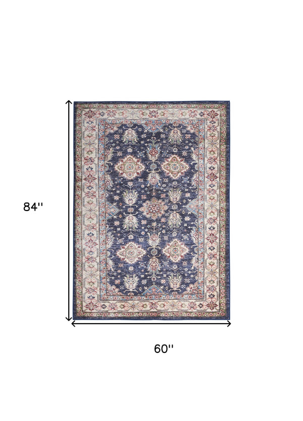 Homeroots 5' X 7' Blue And Ivory Oriental Distressed Non Skid Area Rug  Polyester 553234