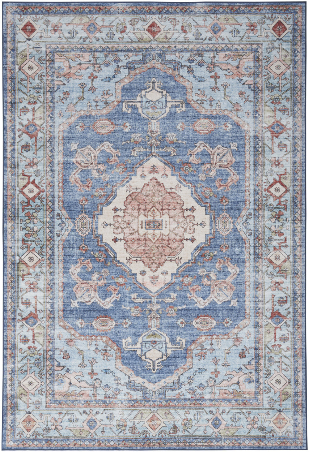 Homeroots 5' X 7' Ivory Red And Blue Oriental Distressed Non Skid Area Rug  Polyester 553236