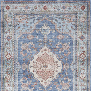 Homeroots 5' X 7' Ivory Red And Blue Oriental Distressed Non Skid Area Rug  Polyester 553236