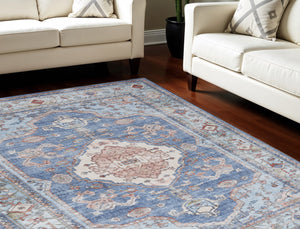 Homeroots 5' X 7' Ivory Red And Blue Oriental Distressed Non Skid Area Rug  Polyester 553236