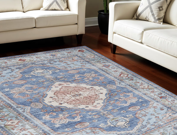 Homeroots 5' X 7' Ivory Red And Blue Oriental Distressed Non Skid Area Rug  Polyester 553236