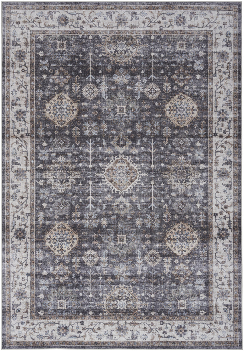 Homeroots 5' X 7' Charcoal And Ivory Oriental Distressed Non Skid Area Rug  Polyester 553238