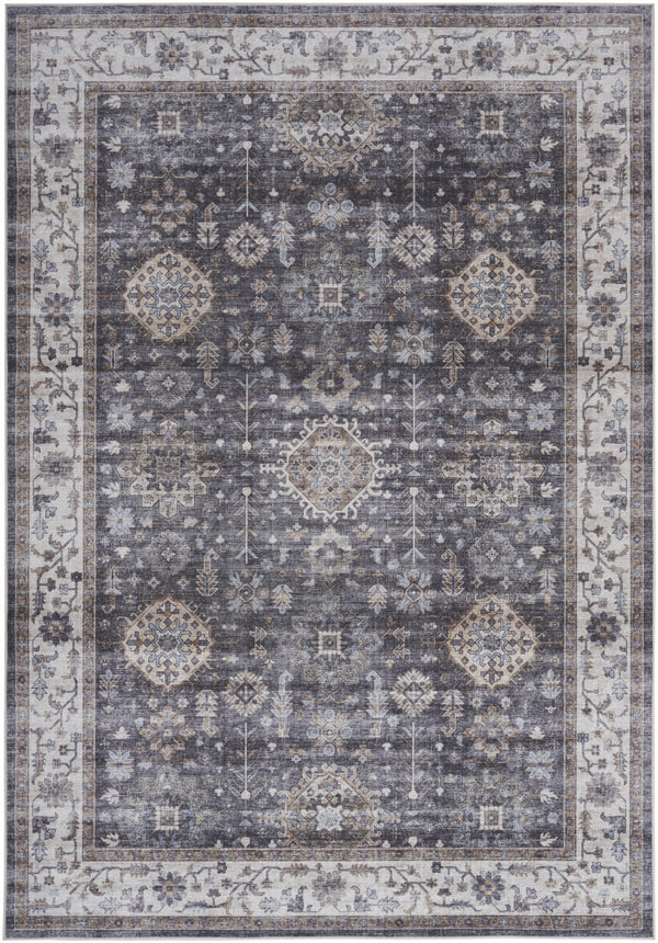 Homeroots 5' X 7' Charcoal And Ivory Oriental Distressed Non Skid Area Rug  Polyester 553238