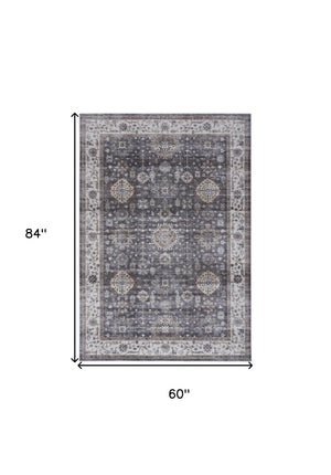 Homeroots 5' X 7' Charcoal And Ivory Oriental Distressed Non Skid Area Rug  Polyester 553238