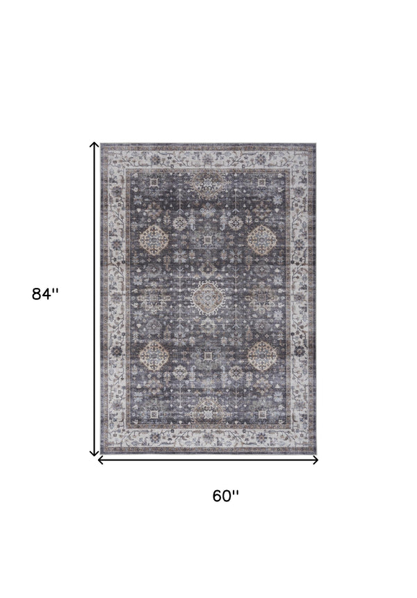 Homeroots 5' X 7' Charcoal And Ivory Oriental Distressed Non Skid Area Rug  Polyester 553238