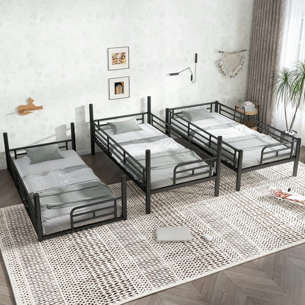 English Elm Twin Triple Metal Bunk Bed Matte Powder Coated Frame with Full Safety Guardrails Black W1580S00578