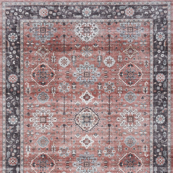 Homeroots 5' Stylish Brick Red & Black Oriental Distressed Non-skid Area Rug - Durable, Stain Resistant & Chic! 5' X 7' Polyester 553245