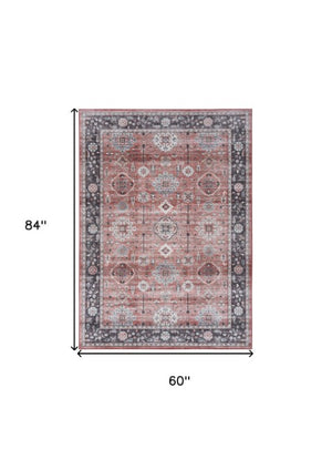 Homeroots 5' Stylish Brick Red & Black Oriental Distressed Non-skid Area Rug - Durable, Stain Resistant & Chic! 5' X 7' Polyester 553245