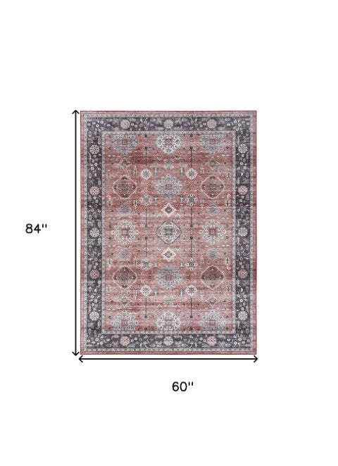 Homeroots 5' Stylish Brick Red & Black Oriental Distressed Non-skid Area Rug - Durable, Stain Resistant & Chic! 5' X 7' Polyester 553245