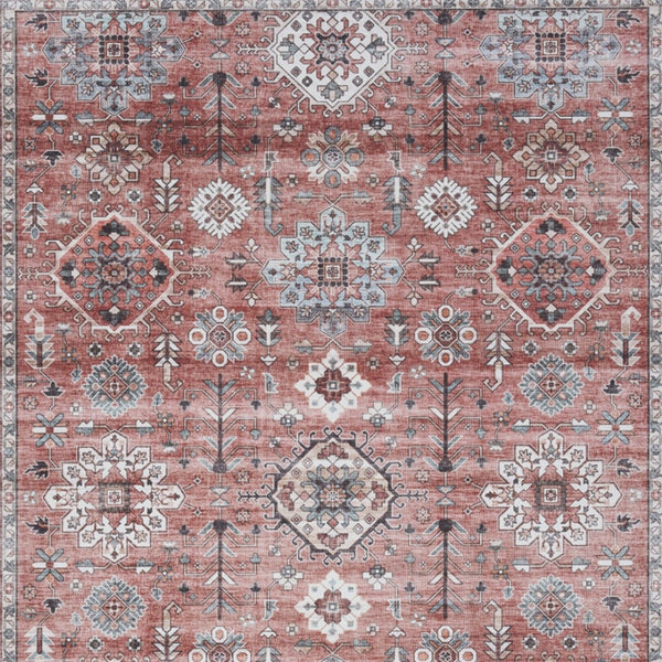 Homeroots 5' Stylish Brick Red & Black Oriental Distressed Non-skid Area Rug - Durable, Stain Resistant & Chic! 5' X 7' Polyester 553245