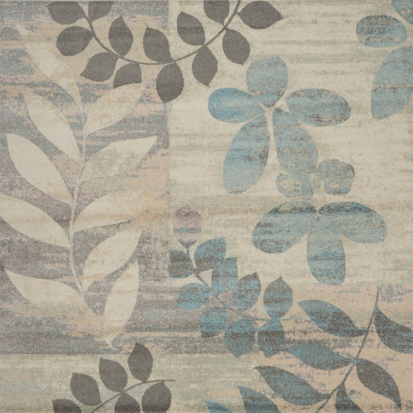 Homeroots 7' Ivory Gray & Blue Botanical Leaves Area Rug - Stylish, Durable & Stain-resistant For Your Home!  Polypropylene 553251
