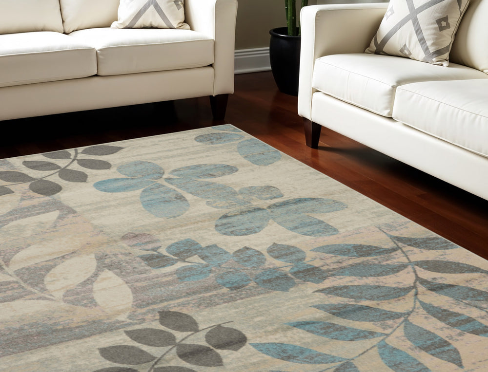 Homeroots 7' Ivory Gray & Blue Botanical Leaves Area Rug - Stylish, Durable & Stain-resistant For Your Home!  Polypropylene 553251