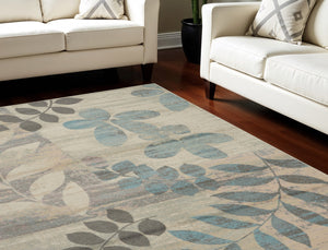 Homeroots 7' Ivory Gray & Blue Botanical Leaves Area Rug - Stylish, Durable & Stain-resistant For Your Home!  Polypropylene 553251
