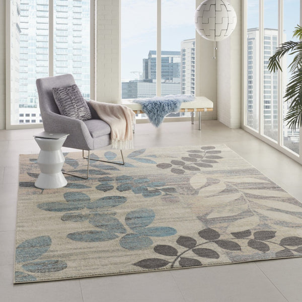 Homeroots 7' Ivory Gray & Blue Botanical Leaves Area Rug - Stylish, Durable & Stain-resistant For Your Home!  Polypropylene 553251
