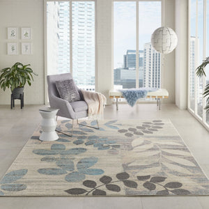 HomeRoots 7' Ivory Gray and Blue Botanical Leaves Area Rug – Stylish, Durable, Stain-Resistant for Busy Homes 553251