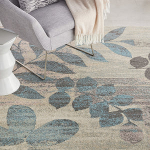 HomeRoots 7' Ivory Gray and Blue Botanical Leaves Area Rug – Stylish, Durable, Stain-Resistant for Busy Homes 553251