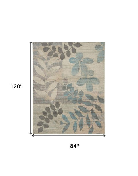 Homeroots 7' Ivory Gray & Blue Botanical Leaves Area Rug - Stylish, Durable & Stain-resistant For Your Home!  Polypropylene 553251