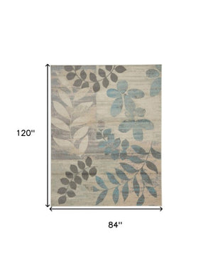 Homeroots 7' Ivory Gray & Blue Botanical Leaves Area Rug - Stylish, Durable & Stain-resistant For Your Home!  Polypropylene 553251