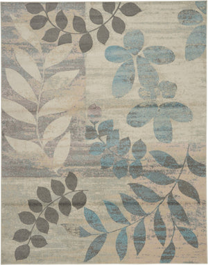 HomeRoots 7' Ivory Gray and Blue Botanical Leaves Area Rug – Stylish, Durable, Stain-Resistant for Busy Homes 553251