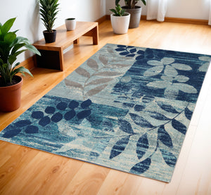 Homeroots 5' Stylish Navy Blue & Gray Botanical Leaves Area Rug – Durable, Stain Resistant & Perfect For Homes 4' X 6' Polypropylene 553256