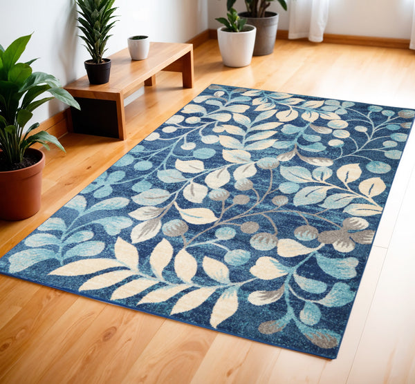 Homeroots 5' Botanical Leaves Area Rug In Navy Blue & Beige - Durable, Stain Resistant, Perfect For Any Room 4' X 6' Polypropylene 553257