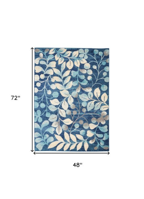 Homeroots 5' Botanical Leaves Area Rug In Navy Blue & Beige - Durable, Stain Resistant, Perfect For Any Room 4' X 6' Polypropylene 553257