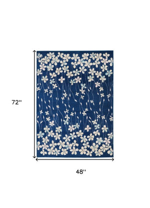 Homeroots 4' Navy Blue And Ivory Floral Area Rug – Durable, Stain Resistant, Perfect For Kids And Pets!  Polypropylene 553258