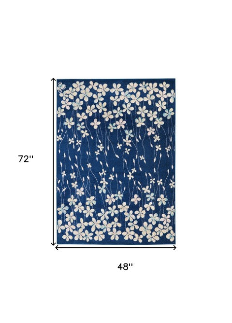 Homeroots 4' Navy Blue And Ivory Floral Area Rug – Durable, Stain Resistant, Perfect For Kids And Pets!  Polypropylene 553258