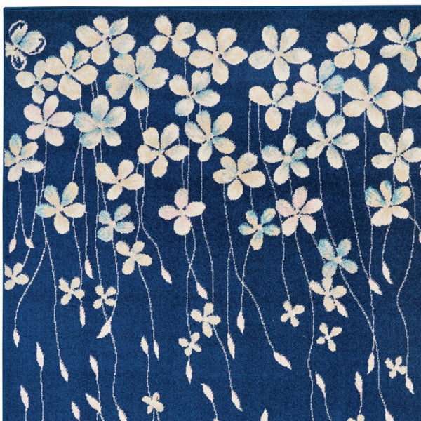 Homeroots 4' Navy Blue And Ivory Floral Area Rug – Durable, Stain Resistant, Perfect For Kids And Pets!  Polypropylene 553258