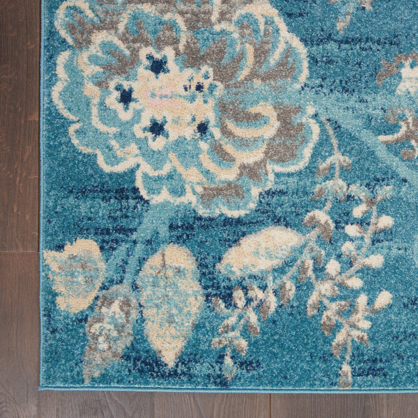 Homeroots 6' Stunning Turquoise Cream & Navy Floral Distressed Area Rug - Durable, Stain Resistant Design! 4' X 6' Polypropylene 553260