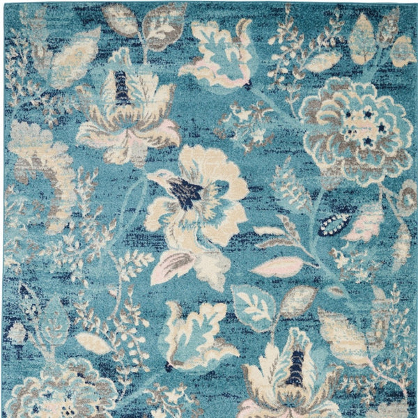 Homeroots 6' Stunning Turquoise Cream & Navy Floral Distressed Area Rug - Durable, Stain Resistant Design! 4' X 6' Polypropylene 553260