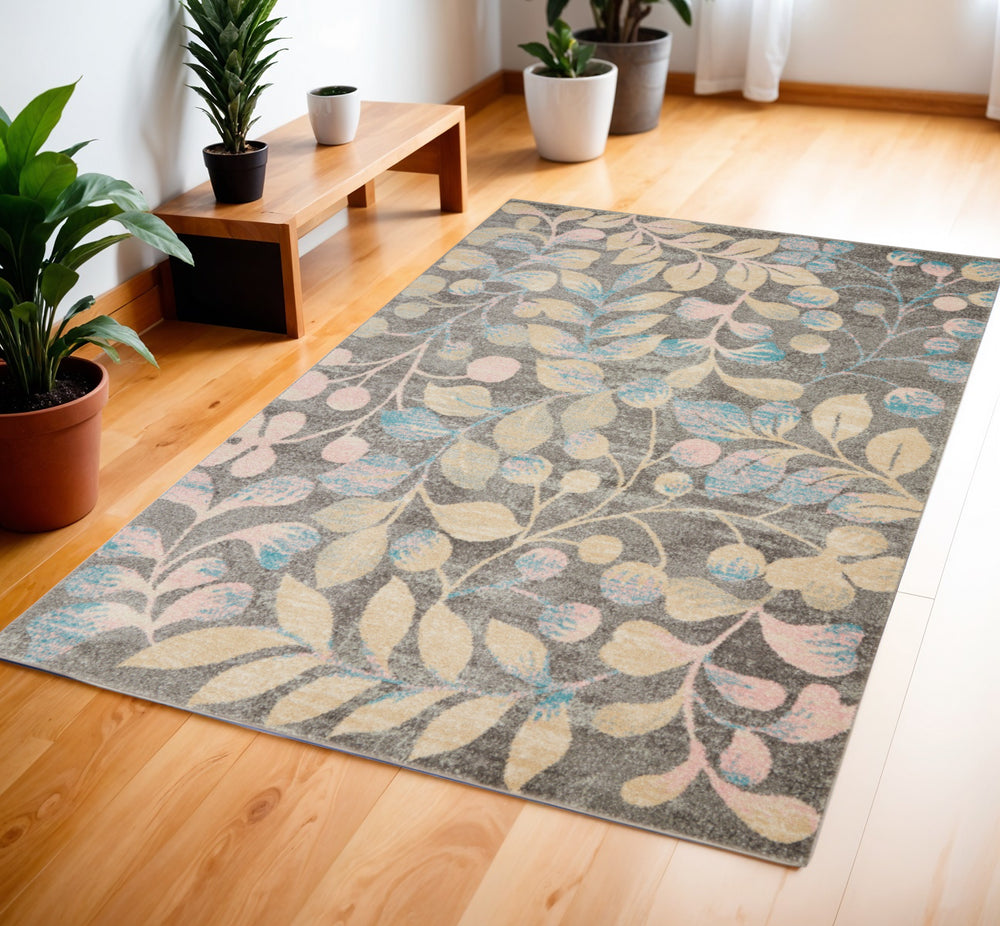 Homeroots 4' Beige Gray And Blue Botanical Leaves Area Rug – Durable, Stain Resistant, Perfect For Cozy Spaces!  Polypropylene 553265