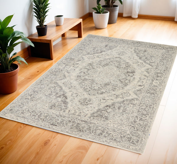 Homeroots 4' X 6' Elegant Ivory & Gray Floral Medallion Distressed Area Rug - Durable, Stain-resistant Design  Polypropylene 553268