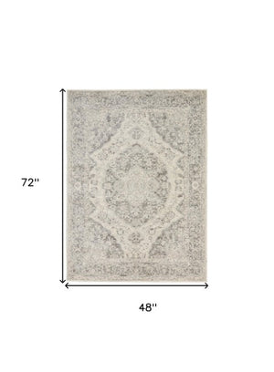 Homeroots 4' X 6' Elegant Ivory & Gray Floral Medallion Distressed Area Rug - Durable, Stain-resistant Design  Polypropylene 553268