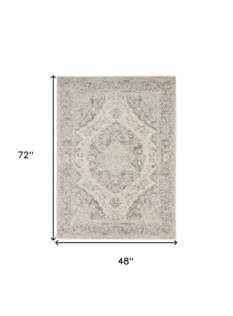 Homeroots 4' X 6' Elegant Ivory & Gray Floral Medallion Distressed Area Rug - Durable, Stain-resistant Design  Polypropylene 553268