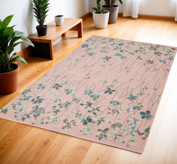 Homeroots 8' Floral Area Rug In Pink, Gray & Blue – Stain Resistant, Durable, Ideal For Kids & Pets, 96" X 120" 4' X 6' Polypropylene 553273