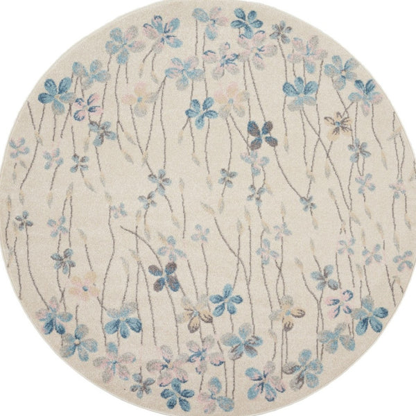 Homeroots 5' Beautiful Ivory And Blue Floral Round Rug - Durable, Stain Resistant, Perfect For Homes With Kids!  Polypropylene 553274