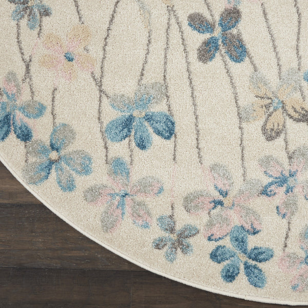Homeroots 5' Beautiful Ivory And Blue Floral Round Rug - Durable, Stain Resistant, Perfect For Homes With Kids!  Polypropylene 553274