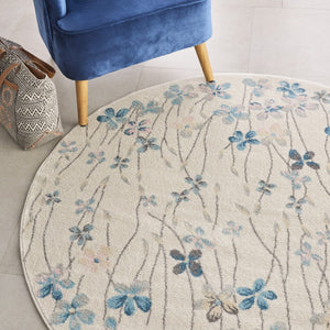 Homeroots 5' Beautiful Ivory And Blue Floral Round Rug - Durable, Stain Resistant, Perfect For Homes With Kids!  Polypropylene 553274