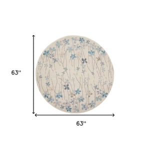 Homeroots 5' Beautiful Ivory And Blue Floral Round Rug - Durable, Stain Resistant, Perfect For Homes With Kids!  Polypropylene 553274