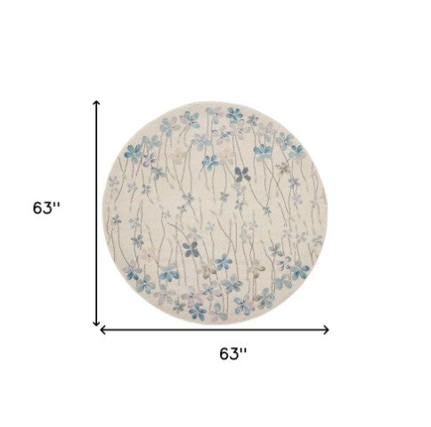 Homeroots 5' Beautiful Ivory And Blue Floral Round Rug - Durable, Stain Resistant, Perfect For Homes With Kids!  Polypropylene 553274