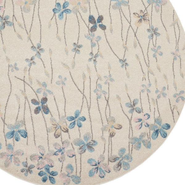 Homeroots 5' Beautiful Ivory And Blue Floral Round Rug - Durable, Stain Resistant, Perfect For Homes With Kids!  Polypropylene 553274