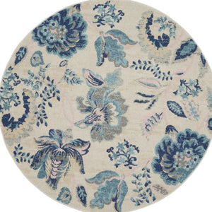 Homeroots 5' Stunning Floral Round Rug In Ivory, Navy & Light Blue - Durable, Stain Resistant, Perfect For Homes!  Polypropylene 553275