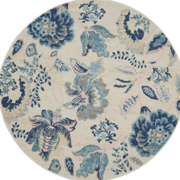 Homeroots 5' Stunning Floral Round Rug In Ivory, Navy & Light Blue - Durable, Stain Resistant, Perfect For Homes!  Polypropylene 553275