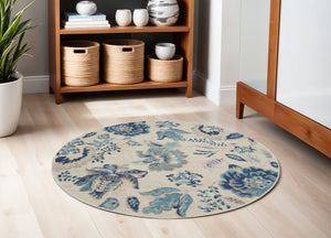 Homeroots 5' Stunning Floral Round Rug In Ivory, Navy & Light Blue - Durable, Stain Resistant, Perfect For Homes!  Polypropylene 553275